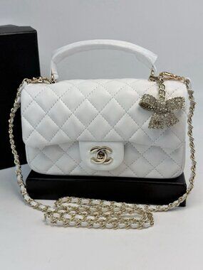 Chanel White Lambskin Mini Top Handle Flap Bag